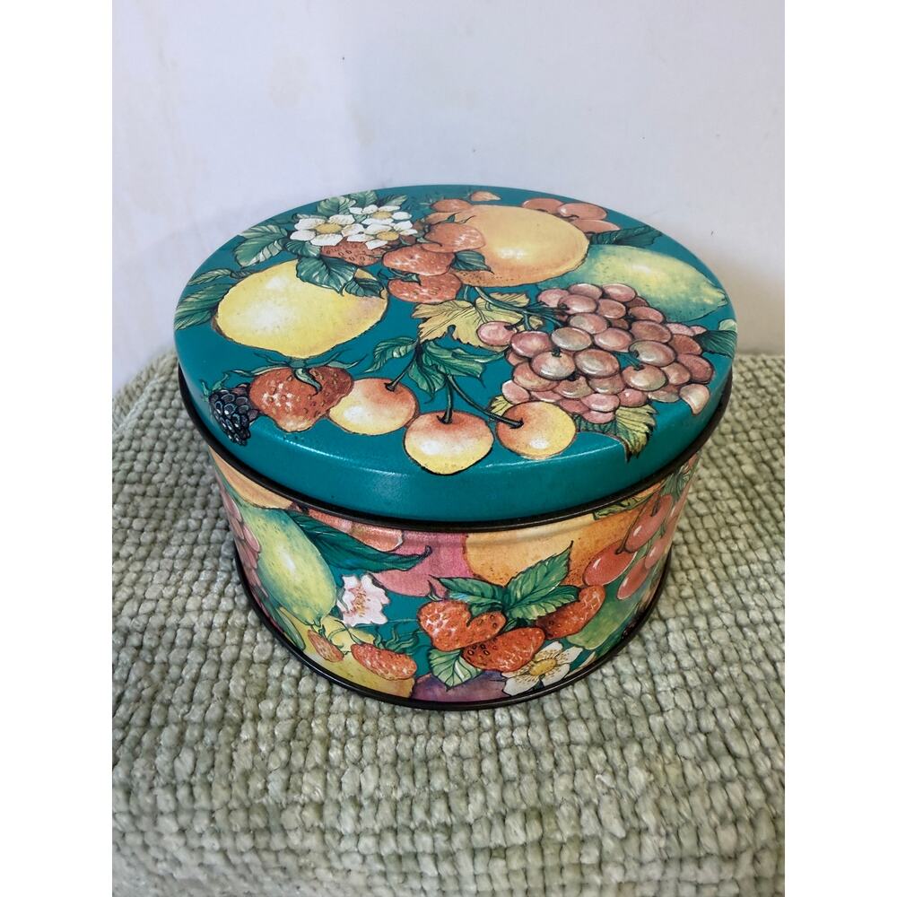 Vintage Fruit Tin Round Cookie Biscuit Storage Container Teal 6 inch tea